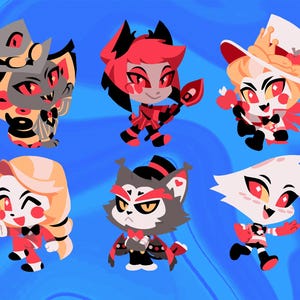 May include: A set of seven cartoon character stickers featuring a variety of characters with red, black, white, and yellow colors. The characters are all wearing different outfits and have different expressions.