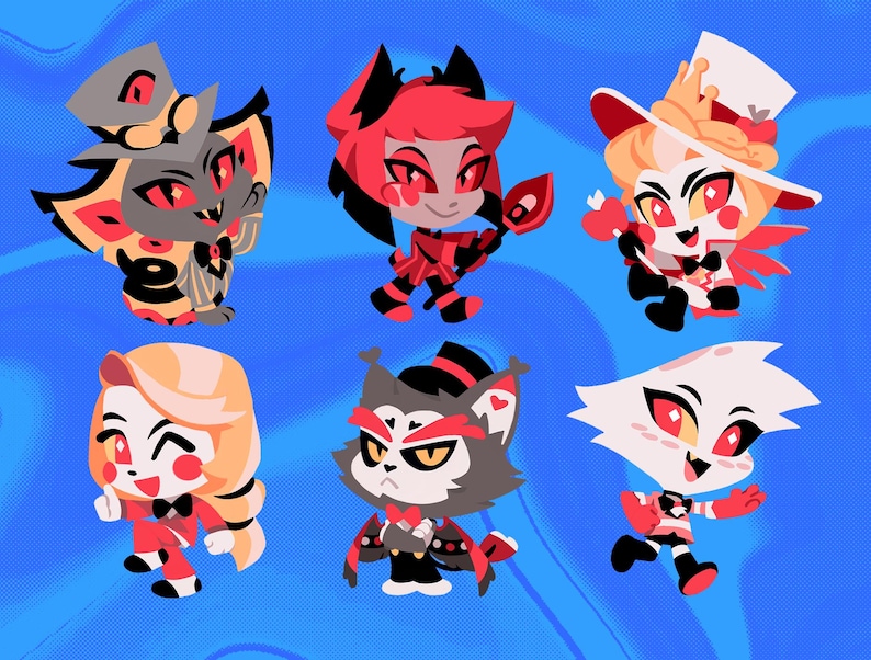 May include: A set of seven cartoon character stickers featuring a variety of characters with red, black, white, and yellow colors. The characters are all wearing different outfits and have different expressions.