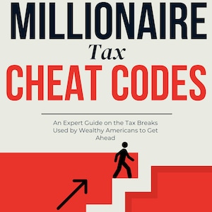 Puede incluir: Portada de libro con el título "MILLIONAIRE Tax CHEAT CODES" en letras negras y rojas en negrita. La portada presenta una escalera roja con una figura de palo que la sube y una flecha que apunta hacia arriba. El autor es Alden Pembroke.