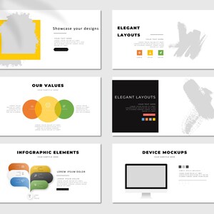 Pode incluir: Uma cole&ccedil;&atilde;o de seis slides de apresenta&ccedil;&atilde;o brancos com texto e elementos gr&aacute;ficos. Os slides apresentam t&iacute;tulos como "Mostre seus designs", "Layouts elegantes" e "Maquetes de dispositivos". Cada slide tem um design limpo e moderno.