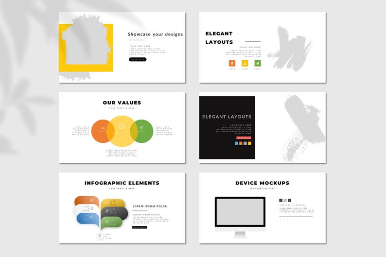 Pode incluir: Uma cole&ccedil;&atilde;o de seis slides de apresenta&ccedil;&atilde;o brancos com texto e elementos gr&aacute;ficos. Os slides apresentam t&iacute;tulos como "Mostre seus designs", "Layouts elegantes" e "Maquetes de dispositivos". Cada slide tem um design limpo e moderno.