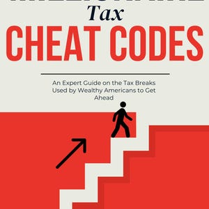 Pode incluir: Uma capa de livro intitulada Millionaire Tax Cheat Codes: An Expert Guide on the Tax Breaks Used by Wealthy Americans to Get Ahead, escrita por Alden Pembroke. O design apresenta uma figura de palito preta subindo escadas vermelhas.