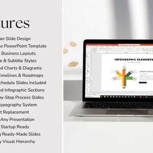 Pode incluir: Um laptop exibindo uma apresenta&ccedil;&atilde;o do PowerPoint com o t&iacute;tulo "INFOGRAPHIC ELEMENTS". A apresenta&ccedil;&atilde;o apresenta um gr&aacute;fico de l&aacute;pis colorido e marcadores listando recursos como "Modern, Clean Slide Design" e "Fully Editable PowerPoint Template".