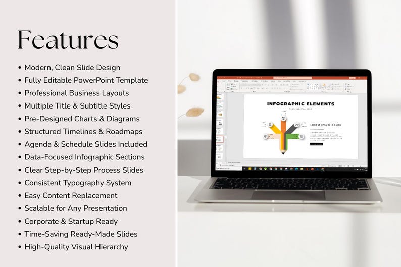 Pode incluir: Um laptop exibindo uma apresenta&ccedil;&atilde;o do PowerPoint com o t&iacute;tulo "INFOGRAPHIC ELEMENTS". A apresenta&ccedil;&atilde;o apresenta um gr&aacute;fico de l&aacute;pis colorido e marcadores listando recursos como "Modern, Clean Slide Design" e "Fully Editable PowerPoint Template".