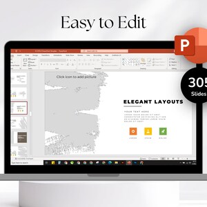 Pode incluir: Um laptop exibindo uma apresenta&ccedil;&atilde;o do PowerPoint com o texto "Easy to Edit" no topo. A tela mostra "Elegant Layouts" e uma contagem de 305 slides. O &iacute;cone do PowerPoint est&aacute; no canto superior direito.