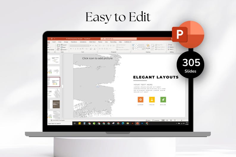 Pode incluir: Um laptop exibindo uma apresenta&ccedil;&atilde;o do PowerPoint com o texto "Easy to Edit" no topo. A tela mostra "Elegant Layouts" e uma contagem de 305 slides. O &iacute;cone do PowerPoint est&aacute; no canto superior direito.