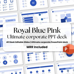 May include: A collection of blue and white PowerPoint presentation slides. The central graphic reads "Royal Blue Pink Ultimate corporate PPT deck" with "40 Sleek Editable Slides" and "MRR Included". A PowerPoint logo is in the corner.