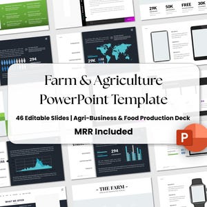 May include: A digital PowerPoint template for farm and agriculture presentations featuring 46 editable slides with charts, icons, and layouts. The text reads Farm & Agriculture PowerPoint Template, 46 Editable Slides | Agri-Business & Food Production Deck, MRR Included.