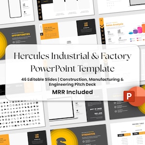Hercules Industrial & Factory Sjablonen PowerPoint presentatie — 46 bewerkbare dia's | Inclusief constructie, productie + techniek Pitchdeck + MRR