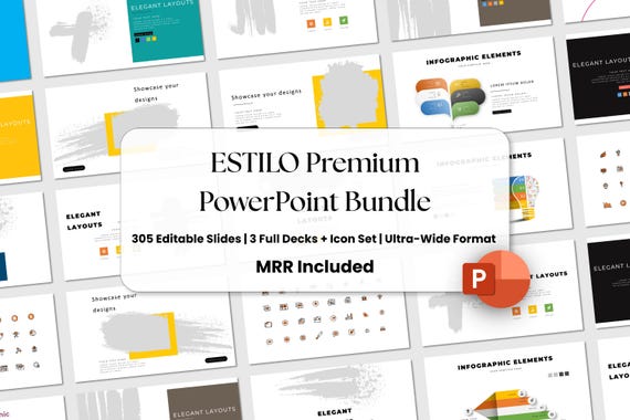 Premium PowerPoint Bundle — 305 Editable Slides | 3 Full Decks + Icon Set | Ultra-Wide Format + MRR Included