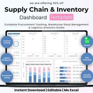Puede incluir: Una plantilla digital de panel de control de cadena de suministro e inventario en una pantalla de portátil. La interfaz muestra gráficos de tasas de defectos, disponibilidad, plazos de entrega y costes. Texto: Supply Chain & Inventory Dashboard Template.