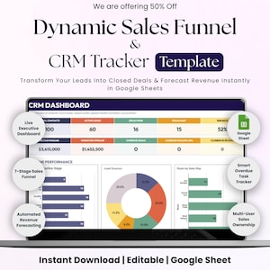 Könnte beinhalten: Eine digitale Vorlage für einen dynamischen Sales Funnel und CRM-Tracker auf einem Laptop-Bildschirm. Das Dashboard enthält farbenfrohe Diagramme, Datentabellen und Kennzahlen zur Vertriebsleistung, Lead-Quellen und Umsatzprognosen.