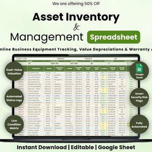 May include: A laptop screen displays a spreadsheet titled "Asset Inventory & Management Spreadsheet." The image highlights features like dual-value valuation, automated status logs, and live condition matrix. Text reads "Instant Download | Editable | Google Sheet."