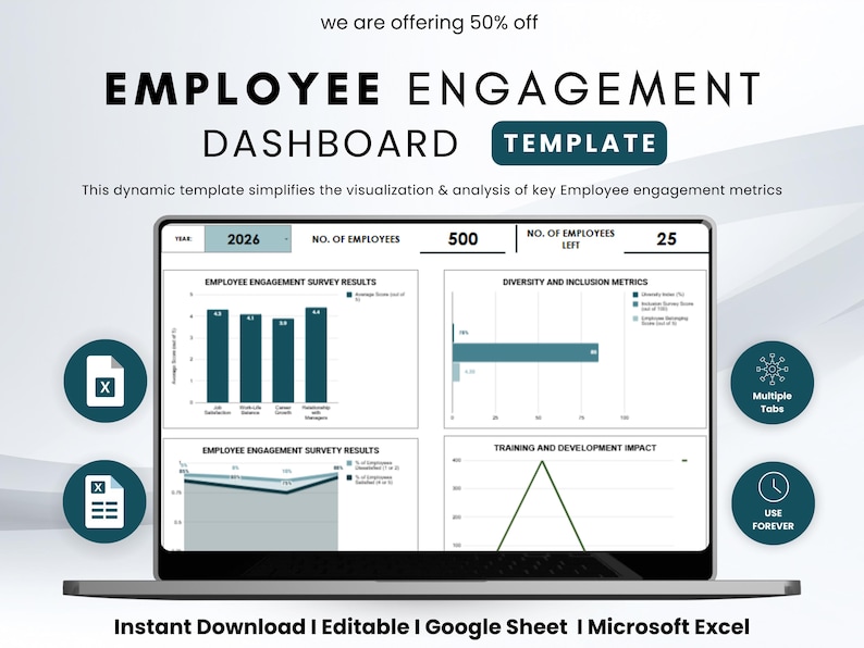 Employee Engagement Dashboard Excel Google Sheets, HR KPI Tracker for ...