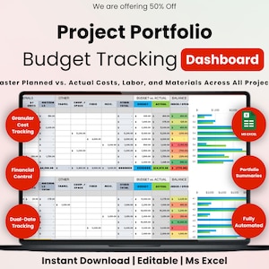 May include: A laptop screen showing a budget tracking dashboard with the text "Project Portfolio Budget Tracking Dashboard." The screen displays a spreadsheet with financial data, charts, and the text "Instant Download | Editable | Ms Excel."