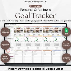 Peut inclure: Un outil de suivi d'objectifs numérique affiché sur un écran d'ordinateur portable, comprenant un tableau de bord multi-objectifs, un suivi de productivité et des graphiques de progression. Il inclut des mentions Google Sheet et automatisé.