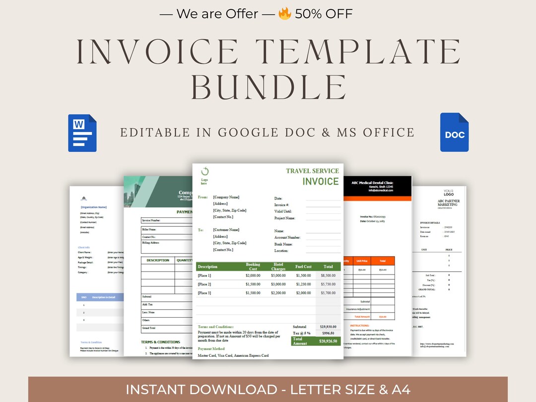 Invoice Bundle Template Editable, Word & Google Docs, Business Billing ...