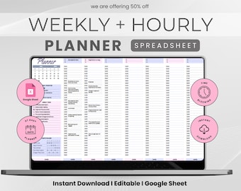 Weekly Hourly Planner for Google Sheets, Week at a Glance Spreadsheet, ADHD Hourly Schedule, Weekly Agenda & Daily To-Do List Template