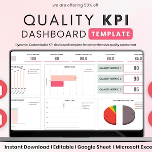 May include: A laptop screen displays a "QUALITY KPI DASHBOARD TEMPLATE" with data visualizations. The template includes charts, graphs, and numerical data, with the text "Instant Download | Editable | Google Sheet | Microsoft Excel". The image also includes the text "we are offering 50% off".