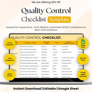 May include: A digital quality control checklist template displayed on a laptop screen. The spreadsheet includes columns for category, checkpoint, responsible person, status, and remarks. Yellow circular badges highlight features like 8 core categories, team assignment, defect control, Google Sheet compatibility, and instant digital download.