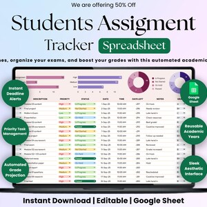May include: A digital Students Assignment Tracker Spreadsheet displayed on a laptop screen, featuring charts, a task list with priority and status columns, and circular callouts highlighting features like instant deadline alerts and Google Sheet compatibility.