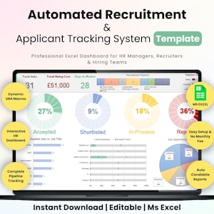 May include: An automated recruitment and applicant tracking system template displayed on a laptop screen. The Excel dashboard features colorful charts, data visualizations, and metrics for HR managers, recruiters, and hiring teams.
