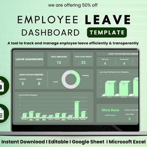 Puede incluir: Gráfico digital de una plantilla de panel de control de permisos de empleados en la pantalla de una computadora portátil. El panel muestra visualizaciones de datos y métricas clave, incluido el estado de los permisos, el recuento de empleados y los créditos de permisos.