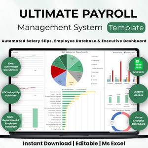 May include: A laptop screen displaying the Ultimate Payroll Management System Template with automated salary slips, an employee database, and an executive dashboard. The interface features pie charts, bar graphs, and data tables for visual analytics.