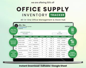 Office Supply Inventory Sheets | Stock Tracker | Supplier Log | Stationery Inventory | Admin Tool | Restock Alert | Excel Template