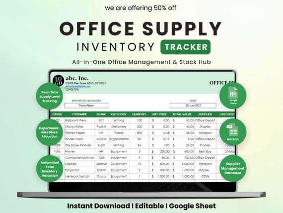 Office Supply Inventory Sheets | Stock Tracker | Supplier Log | Stationery Inventory | Admin Tool | Restock Alert | Excel Template