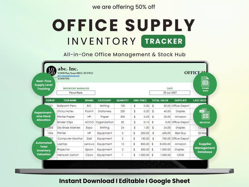 May include: A digital office supply inventory tracker displayed on a laptop screen. The spreadsheet shows item names, brands, quantities, and values. Text includes "Office Supply Inventory Tracker" and "Instant Download | Editable | Google Sheet."