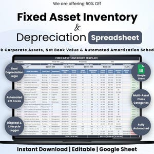 May include: A laptop screen shows a spreadsheet labelled "Fixed Asset Inventory Template." The screen displays data tables with columns and rows, and the text "Fixed Asset Inventory & Depreciation Spreadsheet." The image includes the text "Instant Download | Editable | Google Sheet."