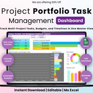 Puede incluir: Una pantalla de portátil muestra una plantilla de panel de control de gestión de tareas de cartera de proyectos. El panel incluye gráficos y visualizaciones de datos para el seguimiento de tareas, presupuestos y plazos. El texto en la pantalla dice "Descarga instantánea | Editable | Ms Excel."