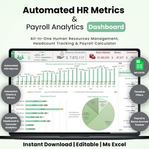 May include: A laptop screen displaying an Automated HR Metrics & Payroll Analytics Dashboard. The interface includes charts, headcount tracking, and payroll calculators with labels like Automated VBA Macros and MS Excel.
