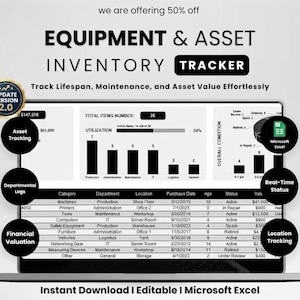 May include: A digital equipment and asset inventory tracker displayed on a laptop screen. The interface features data tables, bar charts, and status indicators for tracking items, maintenance, and value. Text includes "EQUIPMENT & ASSET INVENTORY TRACKER" and "UPDATE VERSION 2.0".