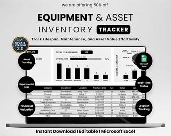Equipment Inventory Tracker Excel | Asset Management | Maintenance Log | Tool Inventory | Asset Ledger | Business Assets | Small Biz Tool