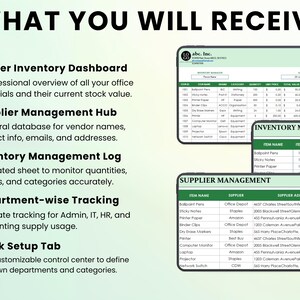 May include: Image shows a digital inventory management system with the text "WHAT YOU WILL RECEIVE." Features include a master inventory dashboard, supplier management hub, and inventory management log. The system is designed for office essentials and supply tracking.