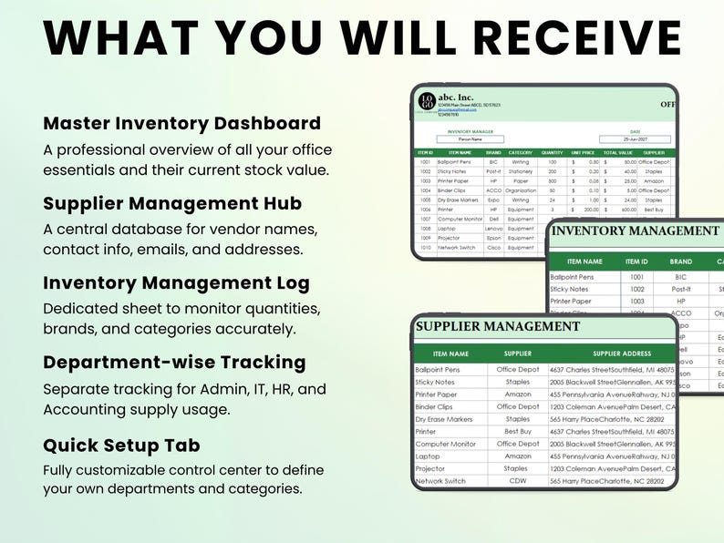 May include: Image shows a digital inventory management system with the text "WHAT YOU WILL RECEIVE." Features include a master inventory dashboard, supplier management hub, and inventory management log. The system is designed for office essentials and supply tracking.