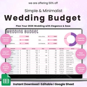 May include: A laptop screen displays a wedding budget spreadsheet with pink accents. The text reads "Wedding Budget" and "Plan Your 2026 Wedding." Features include an automated payment calendar, spending progress bars, and Google Sheets optimization.