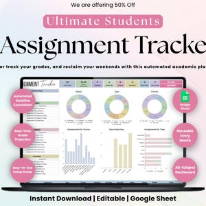 May include: A digital assignment tracker displayed on a laptop screen, featuring charts, graphs, and tables for academic planning. The interface includes sections for status, type, and priority, with text labels like Automated Deadline Countdown.