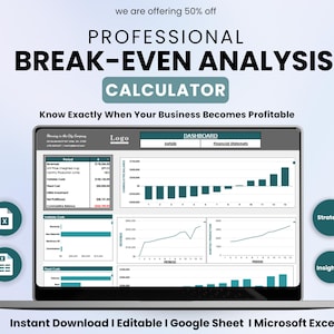 Automated Break Even Analysis Excel & Google Sheets Template, Business Profitability Calculator, Startup Cost Tracker, Financial Planner