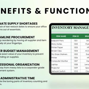 May include: An image with the text "BENEFITS & FUNCTIONS" and a list of benefits. A tablet displays an "INVENTORY MANAGEMENT" table with item names, IDs, brands, and categories. The benefits include eliminating shortages and streamlining procurement.