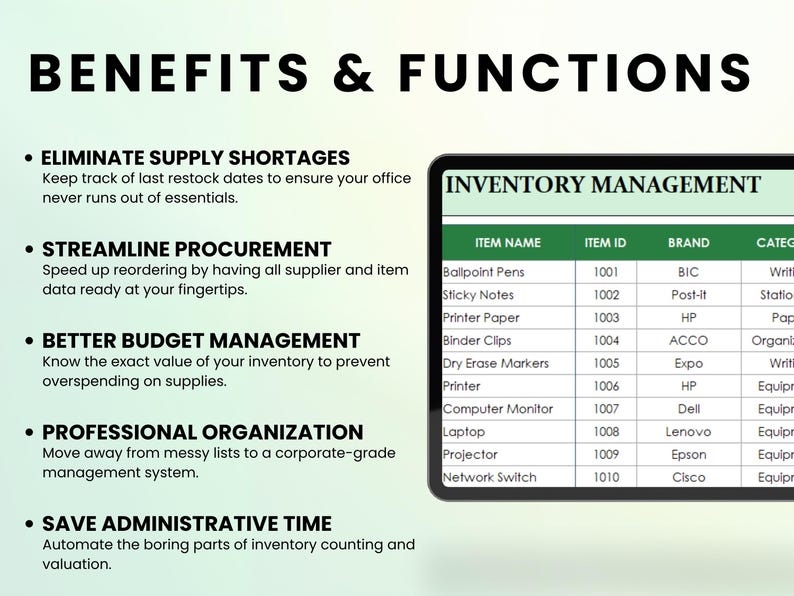 May include: An image with the text "BENEFITS & FUNCTIONS" and a list of benefits. A tablet displays an "INVENTORY MANAGEMENT" table with item names, IDs, brands, and categories. The benefits include eliminating shortages and streamlining procurement.
