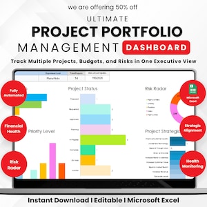 Può includere: Uno schermo di un laptop mostra una dashboard di gestione del portfolio progetti con grafici. Il testo recita "Ultimate Project Portfolio Management Dashboard" e "Track Multiple Projects, Budgets, and Risks in One Executive View." La dashboard include il testo "Fully Automated", "Financial Health" e "Risk Radar."