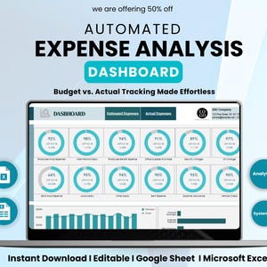 May include: A laptop screen displays an expense analysis dashboard with teal and white circular charts. The text reads "AUTOMATED EXPENSE ANALYSIS DASHBOARD" and "Budget vs. Actual Tracking Made Effortless". The image also includes the text "Instant Download | Editable | Google Sheet | Microsoft Excel".
