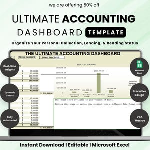 May include: A laptop screen shows an accounting dashboard template with the text "ULTIMATE ACCOUNTING DASHBOARD TEMPLATE." The screen displays financial data, charts, and the text "Instant Download | Editable | Microsoft Excel."