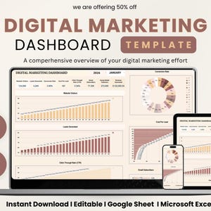Digital Marketing Dashboard Template for Excel & Google Sheets | SEO, PPC, Social Media KPIs, Analytics Tracker | Digital Download