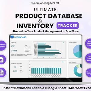 Szablon bazy danych produktów w programie Excel, arkusz kalkulacyjny do zarządzania zapasami, automatyczne śledzenie produktów, arkusze zarządzania zapasami dla małych firm