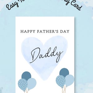 Druckbare Vatertagskarte für Papa, gefaltete blaue Herzkarte mit Luftballons - sofortiger digitaler Download - DIY Geschenk für Papa