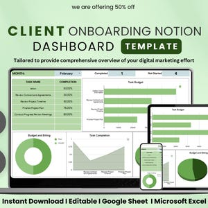 May include: A digital marketing dashboard template displayed on a laptop, tablet, and smartphone. The dashboard shows charts and graphs with green accents. Text includes "Client Onboarding Notion Dashboard Template" and "Instant Download".
